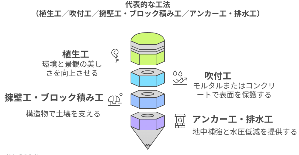 代表的な工法（植生工／吹付工／擁壁工・ブロック積み工／アンカー工・排水工）